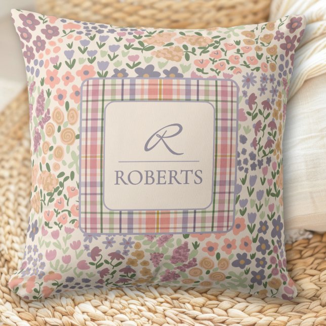 Personalized Patchwork Floral & Plaid Throw Pillow (Personalized Patchwork Floral & Plaid Throw Pillow – Custom Name & Initial)