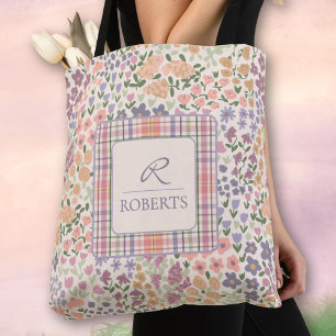 Personalized Patchwork Floral & Plaid Tote Bag
