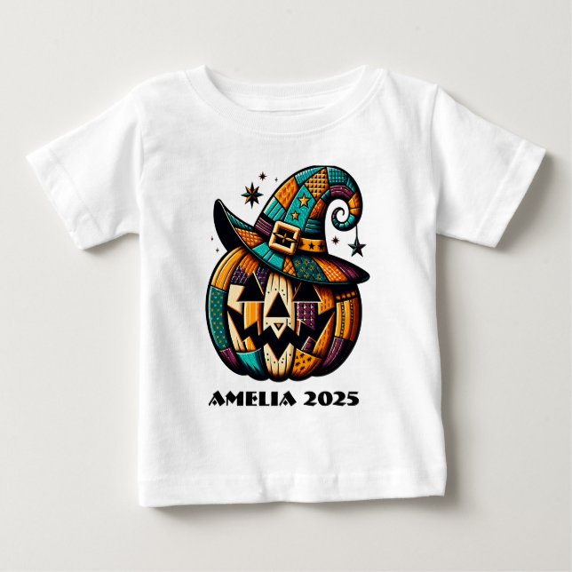 Personalized Patchwork Pumpk Halloween  Baby T-Shirt (Front)