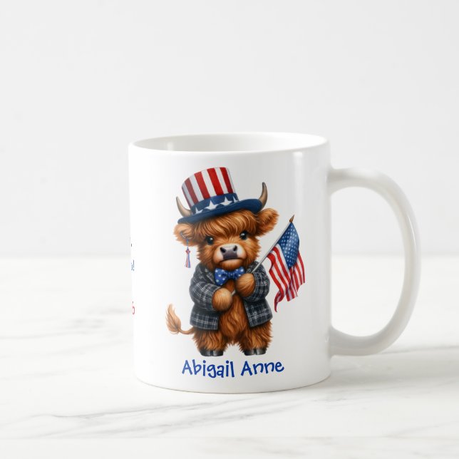 Personalized Patriotic Baby Highland Cow Coffee Mug (Right)