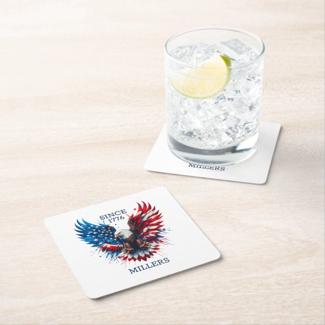 Personalized Patriotic Colours America Bold Eagle Square Paper Coaster (Insitu)