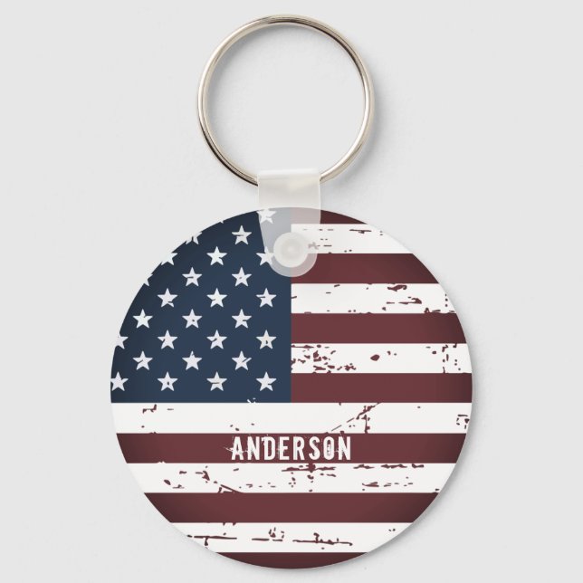Personalized Patriotic Name USA American Flag Keychain (Front)