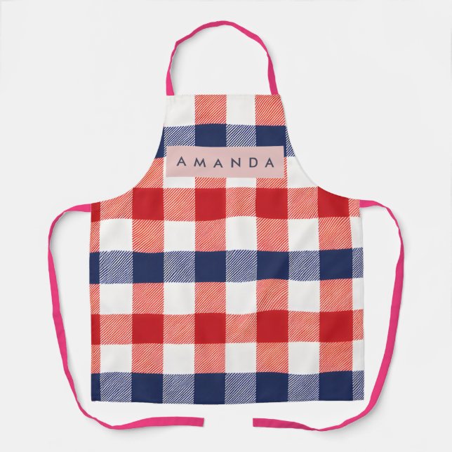 Personalized Patriotic Red, White & Blue Gingham Apron (Front)
