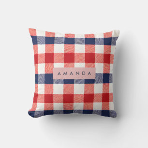 Personalized Patriotic Red, White & Blue Gingham Throw Pillow