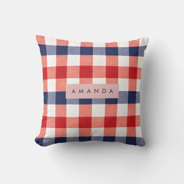 Personalized Patriotic Red, White & Blue Gingham Throw Pillow (Front)
