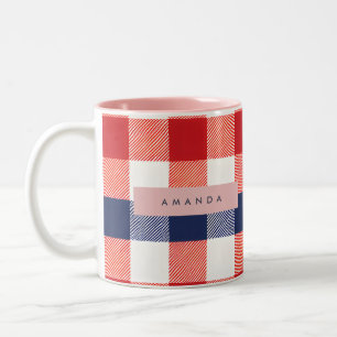 Personalized Patriotic Red, White & Blue Gingham Two-Tone Coffee Mug