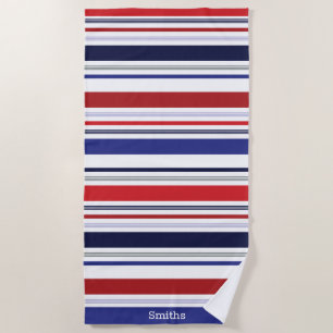 Personalized Patriotic Red White Blue Stripe Beach Towel