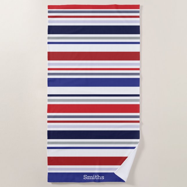 Personalized Patriotic Red White Blue Stripe Beach Towel (Front)