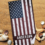 Personalized Patriotic Stars Stripes American Flag Beach Towel<br><div class="desc">Show your American pride or give a special gift with this USA American Flag beach towel in a distressed worn grunge design. This united states of america flag beach towel design with stars and stripes in red white and blue is perfect for fourth of July decor, Memorial day party decor,...</div>