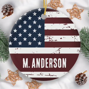 Personalized Patriotic USA American Flag Ceramic Ornament