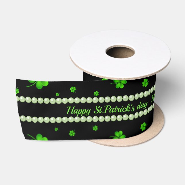 Personalized Pattern of green shamrocks with pearl Satin Ribbon (Spool)