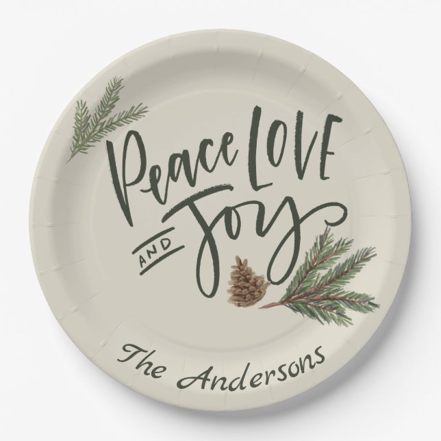 Personalized Peace, Love and Joy Holiday Paper Plate (Front)