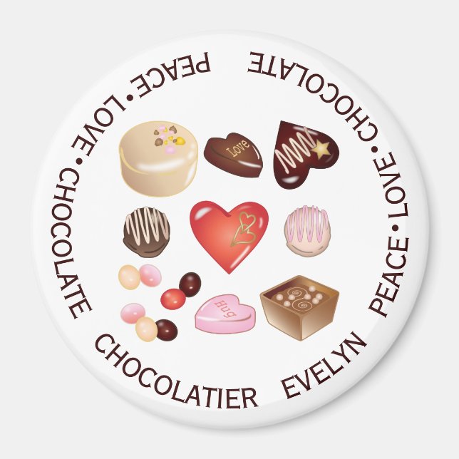 Personalized Peace Love Chocolate Candy Heart Magnet (Front)
