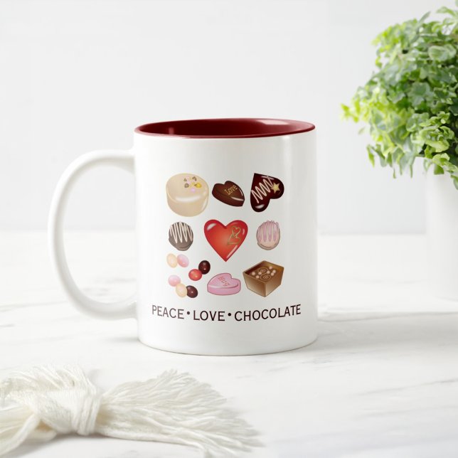 Personalized Peace Love Chocolate Candy Heart Two-Tone Coffee Mug (Creator Uploaded)
