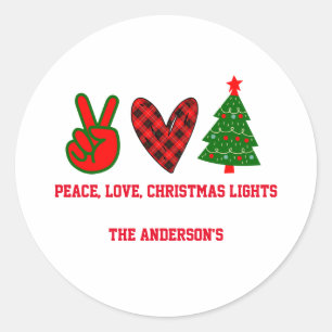 Personalized Peace Love Christmas Lights Green Red Classic Round Sticker