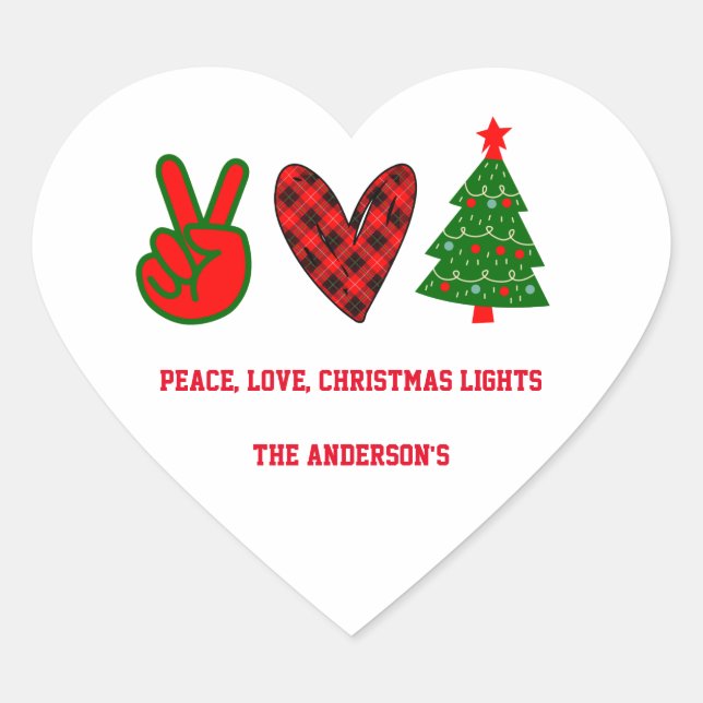 Personalized Peace Love Christmas Lights Green Red Heart Sticker (Front)