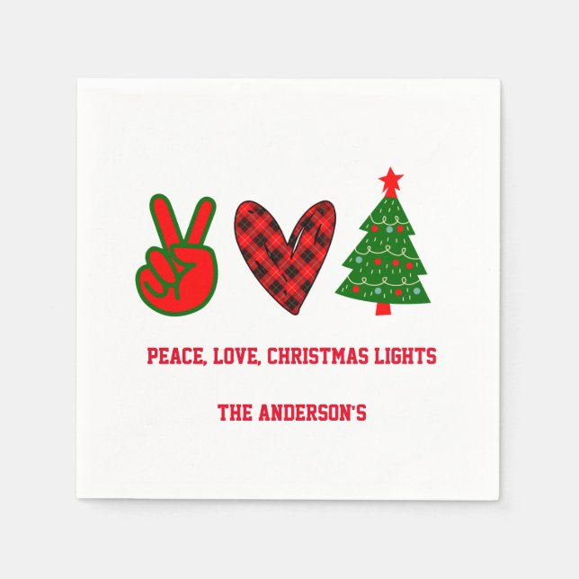 Personalized Peace Love Christmas Lights Green Red Napkin (Front)