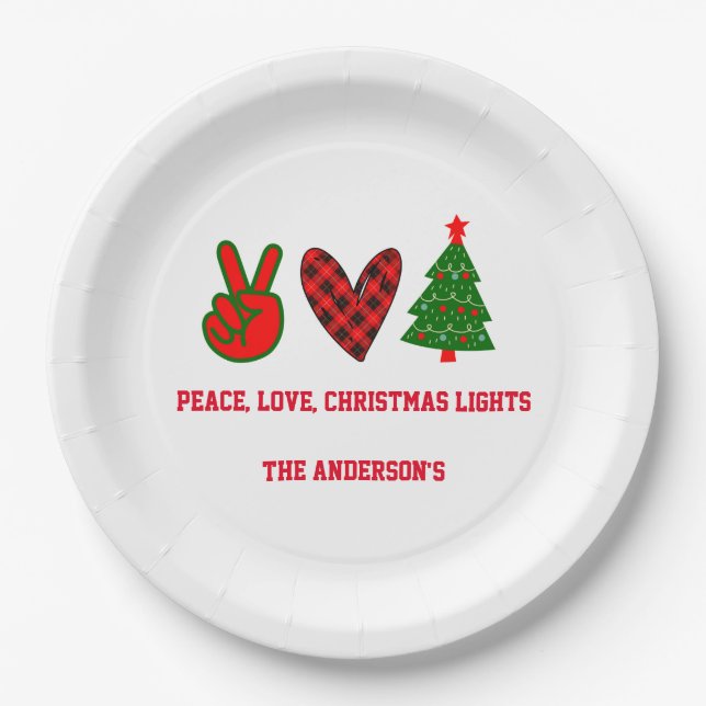 Personalized Peace Love Christmas Lights Green Red Paper Plate (Front)