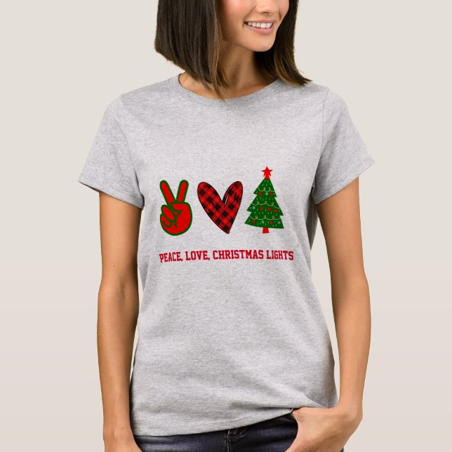 Personalized Peace Love Christmas Lights Red Green T-Shirt (Front)