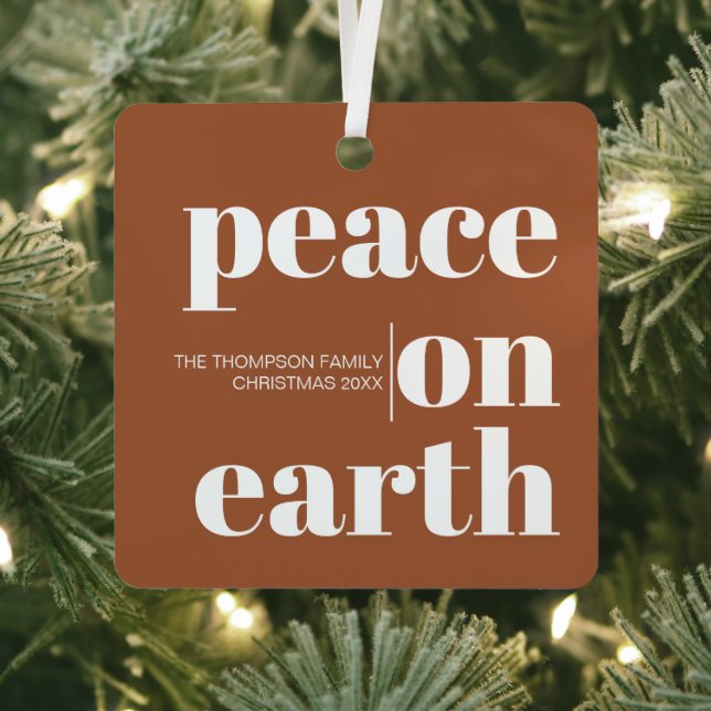 Personalized Peace On Earth Christmas Modern Photo Metal Ornament (Insitu)