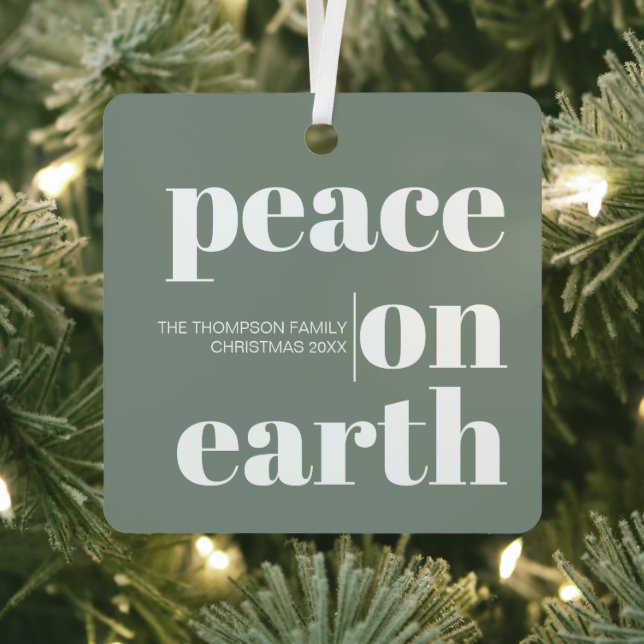 Personalized Peace On Earth Christmas Modern Photo Metal Ornament (Insitu)