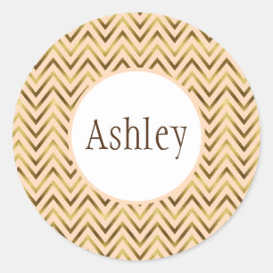 Personalized Peach and Gold Chevron Stripe Classic Round Sticker