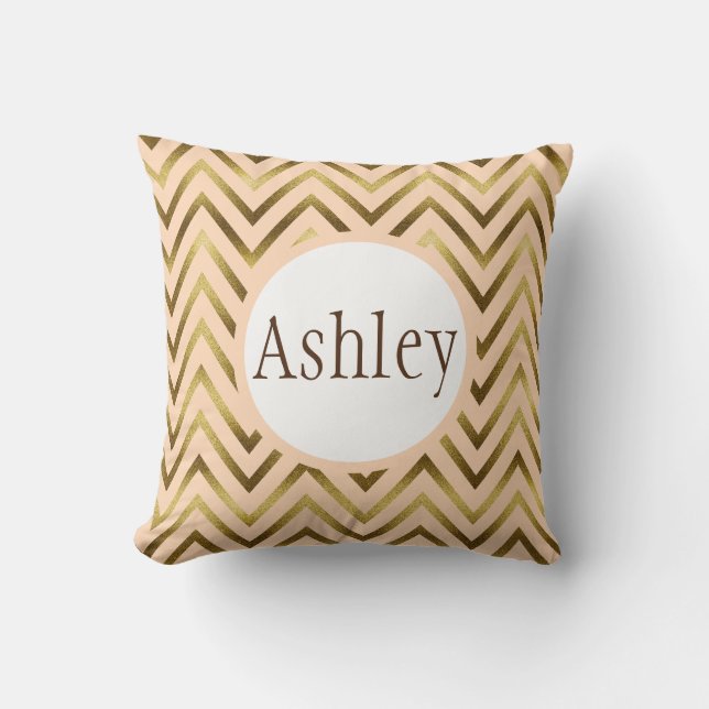Personalized Peach and Gold Chevron Stripes  Throw Pillow (Front)