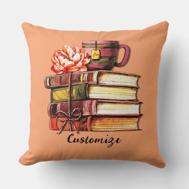 Personalized Peach Books And Tea Throw Pillow (Front)