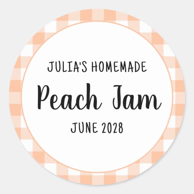 Personalized Peach Buffalo Plaid Jam Classic Round Sticker (Front)