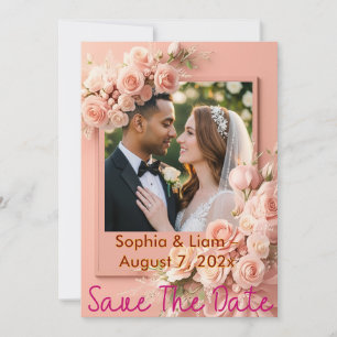 Personalized Peach Floral Photo Save The Date Holiday Card