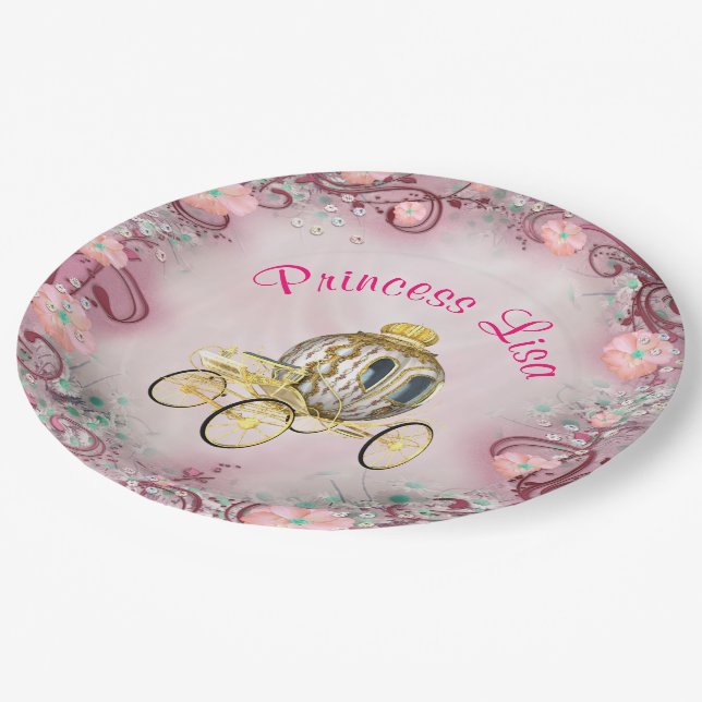 Personalized Peach Floral Princess Enchanted Paper Plate (Angled)