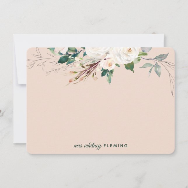 Personalized Peach Floral Watercolor Greenery Mrs Card (Front)