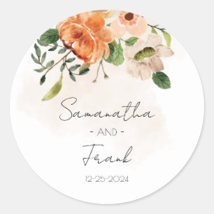Personalized Peach Floral Wedding Classic Round Sticker