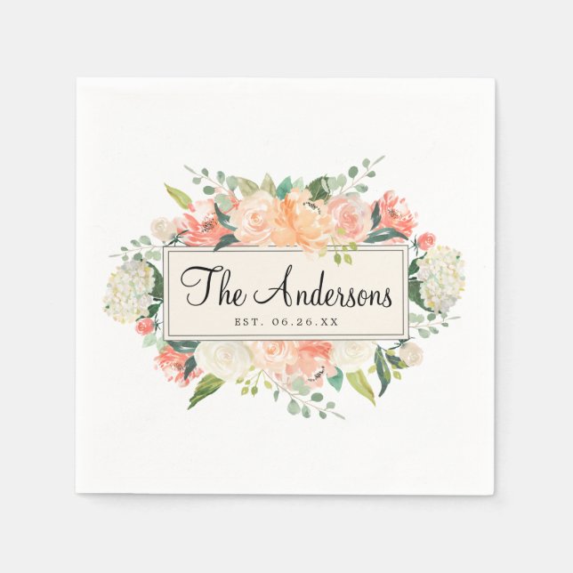 Personalized Peach Floral Wedding Cocktail Napkin (Front)