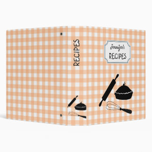 Personalized Peach Gingham Plaid Pattern Recipe Binder