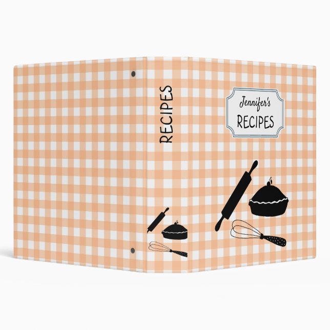 Personalized Peach Gingham Plaid Pattern Recipe  Binder (Background)