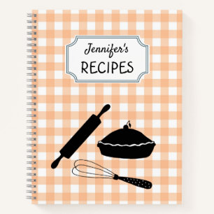 Personalized Peach Gingham Plaid Pattern Recipe Notebook