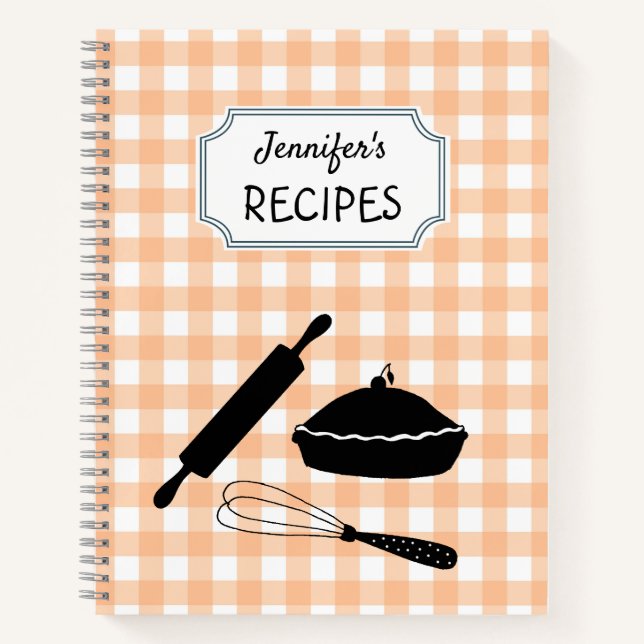 Personalized Peach Gingham Plaid Pattern Recipe Notebook (Front)