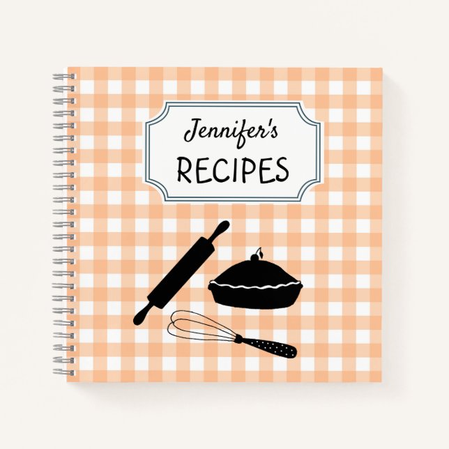 Personalized Peach Gingham Plaid Pattern Recipe  Notebook (Front)
