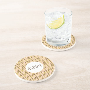 Personalized Peach & Gold Chevron Stripe Coaster