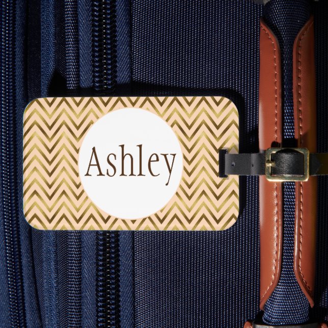 Personalized Peach & Gold Chevron Stripe Luggage Tag (Front Insitu 4)