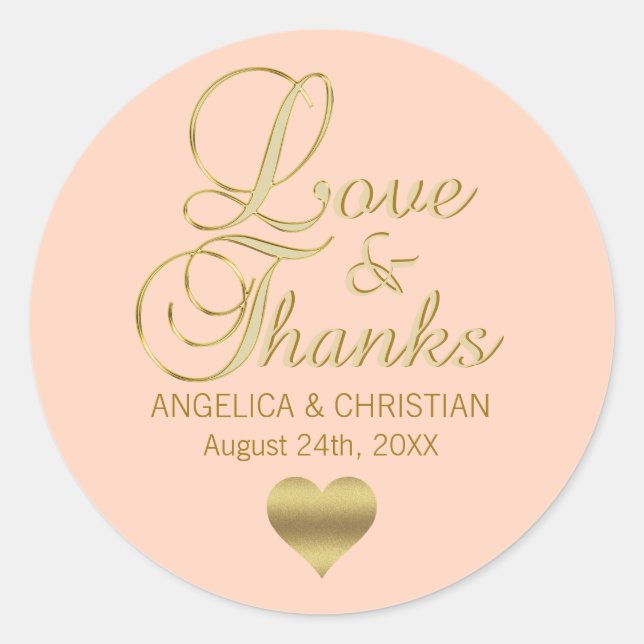 Personalized PEACH Gold LOVE & THANKS Wedding Classic Round Sticker (Front)