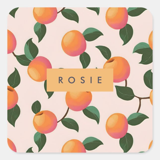 Personalized Peach Pattern Cute Peaches Square Sticker (Front)