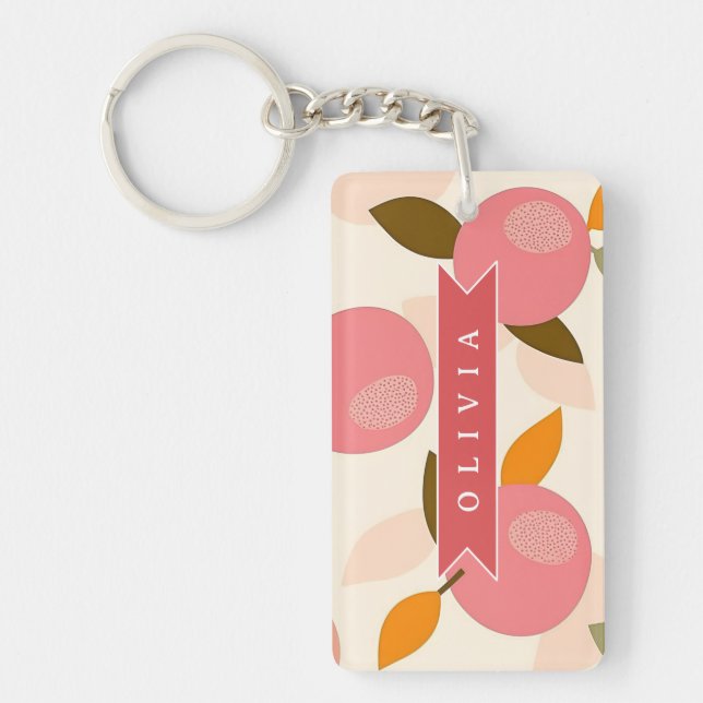 Personalized Peach Pattern Cute Retro Summer Keychain (Front)