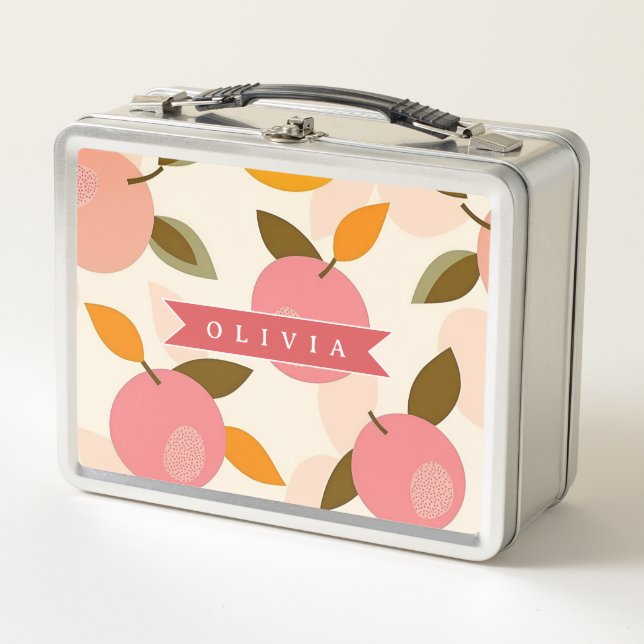 Personalized Peach Pattern Cute Retro Summer Metal Lunch Box (Front)