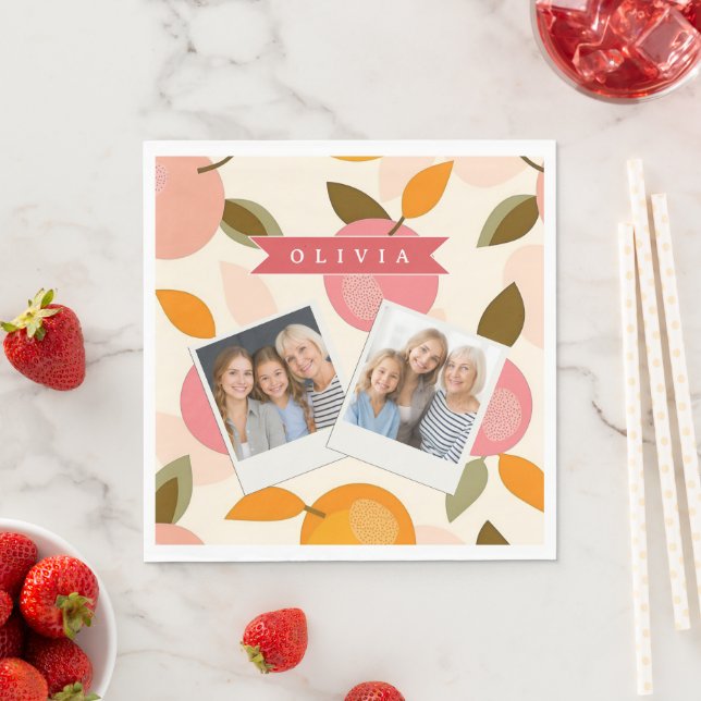 Personalized Peach Pattern Cute Retro Summer Napkin (Insitu)