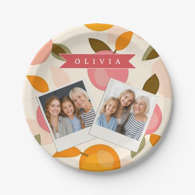 Personalized Peach Pattern Cute Retro Summer Paper Plate (Front)