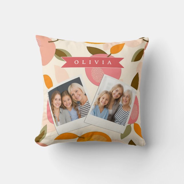 Personalized Peach Pattern Cute Retro Summer Throw Pillow (Front)