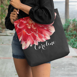 Personalized Peach Pink Red Dahlia Flower Tote Bag