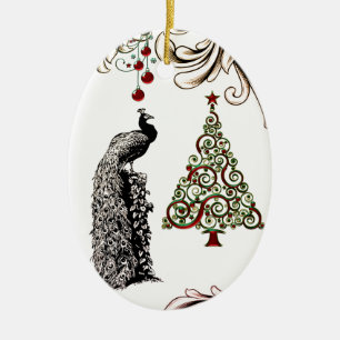 Personalized Peacock and Christmas Tree Holiday Ceramic Ornament